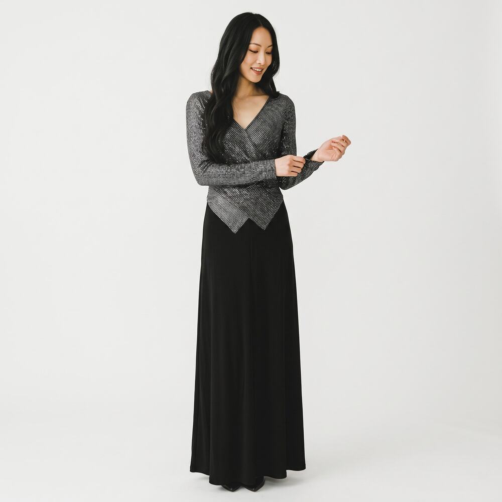 VINTAGE 90s Tadashi Shoji XL Silver Glitter Bodice Long Sleeve Hourglass Dress